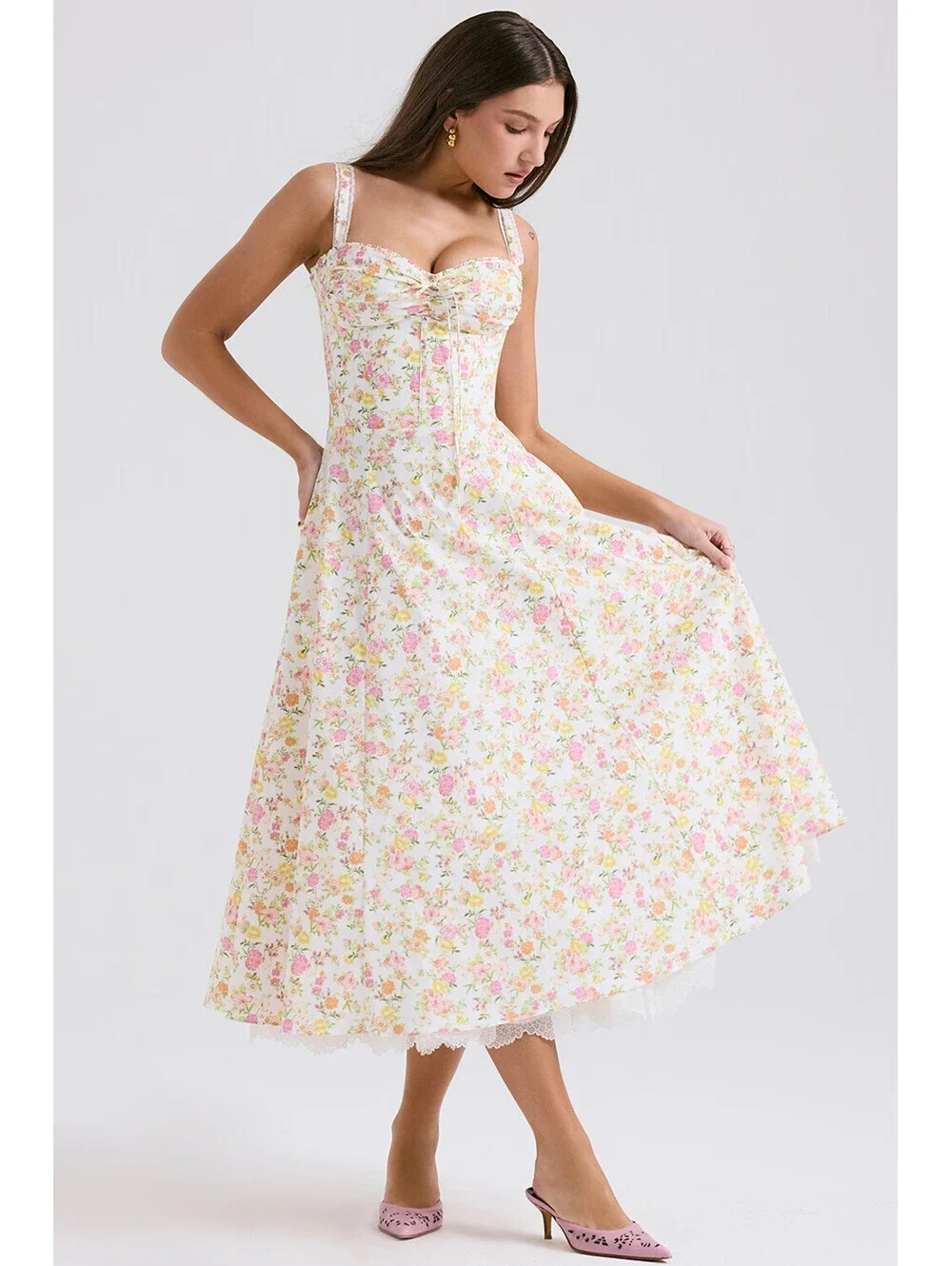 NEW, House of CB Rosalee ivory meadow print cotton bustier sundress L+ #MD2574